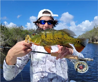 Angler in sunglasses and a white cap holding a peacock bass and a fly rod on a lake